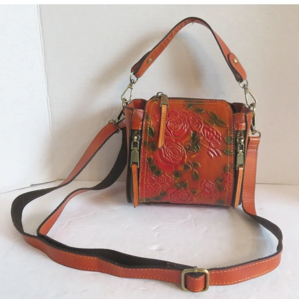 Vintage Style Orange Embossed‎ Floral Rose PU Leather Crossbody Handbag Purse